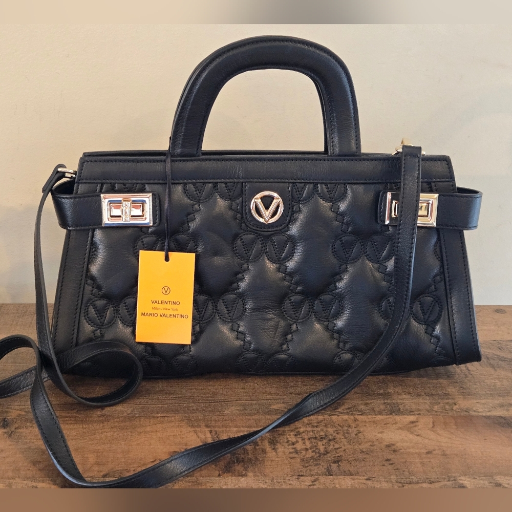 Valentino By Mario Valentino Ines Monogram Leather Satchel, Black